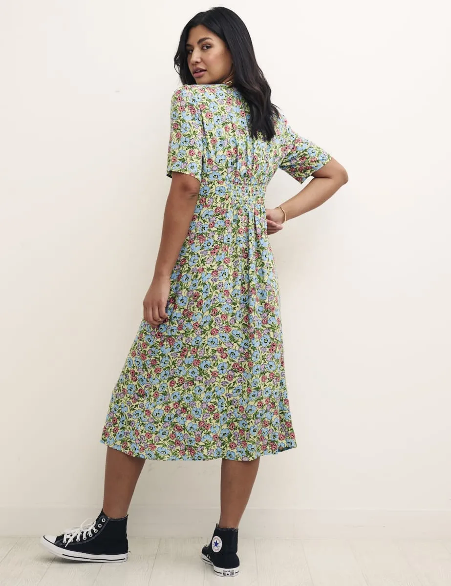 Green Floral Alexa Midi with Shirring Dress