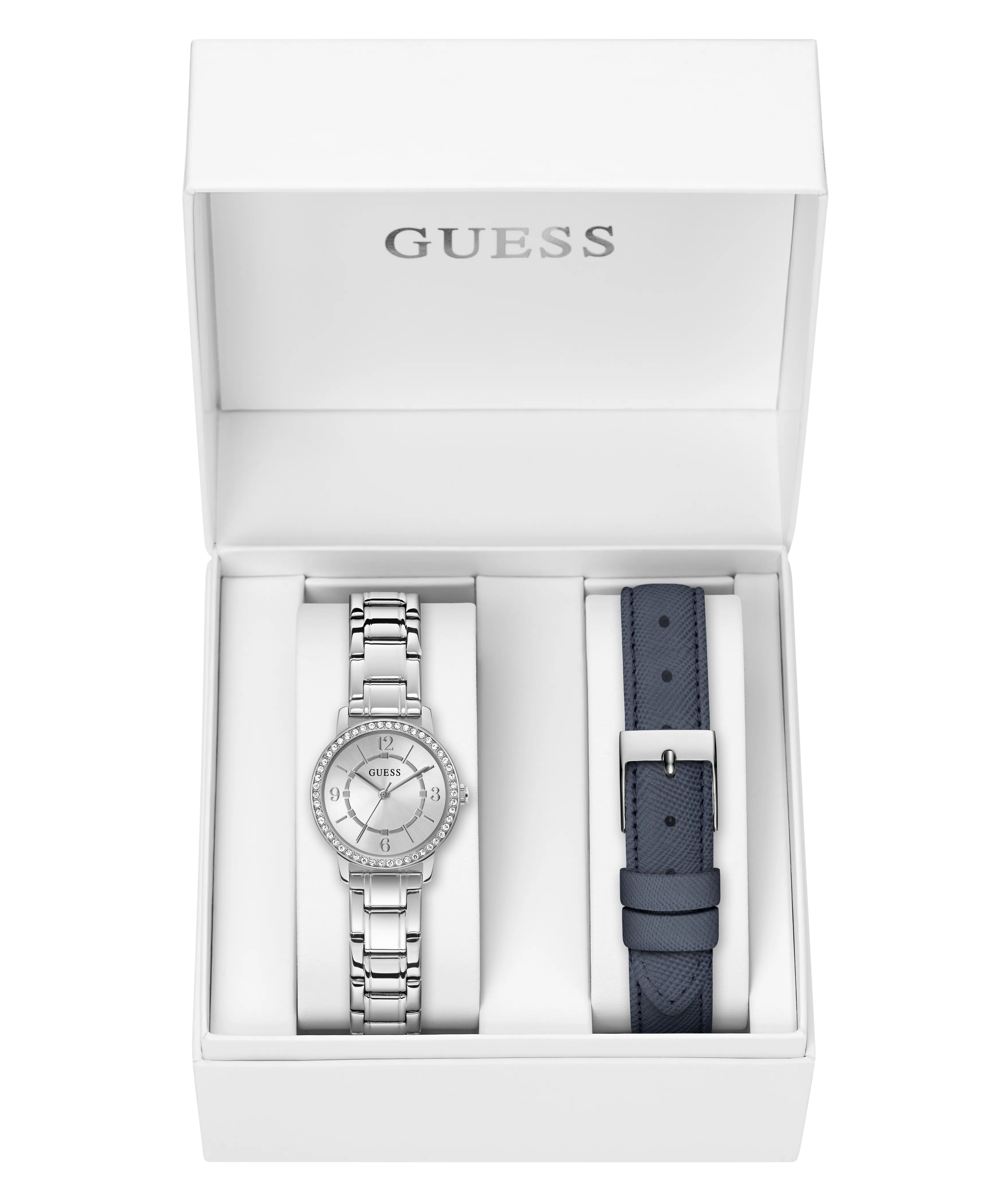 GUESS Ladies Silver Tone Analog Watch Box Set
