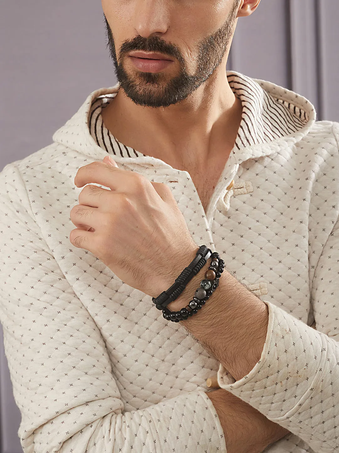Jazz And Sizzle Men Set of 3 Black Elasticated & Handcrafted Wraparound Bracelets