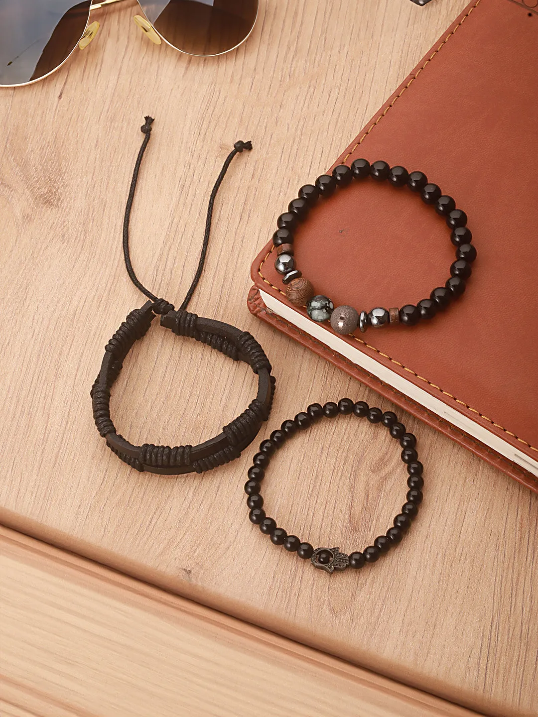 Jazz And Sizzle Men Set of 3 Black Elasticated & Handcrafted Wraparound Bracelets