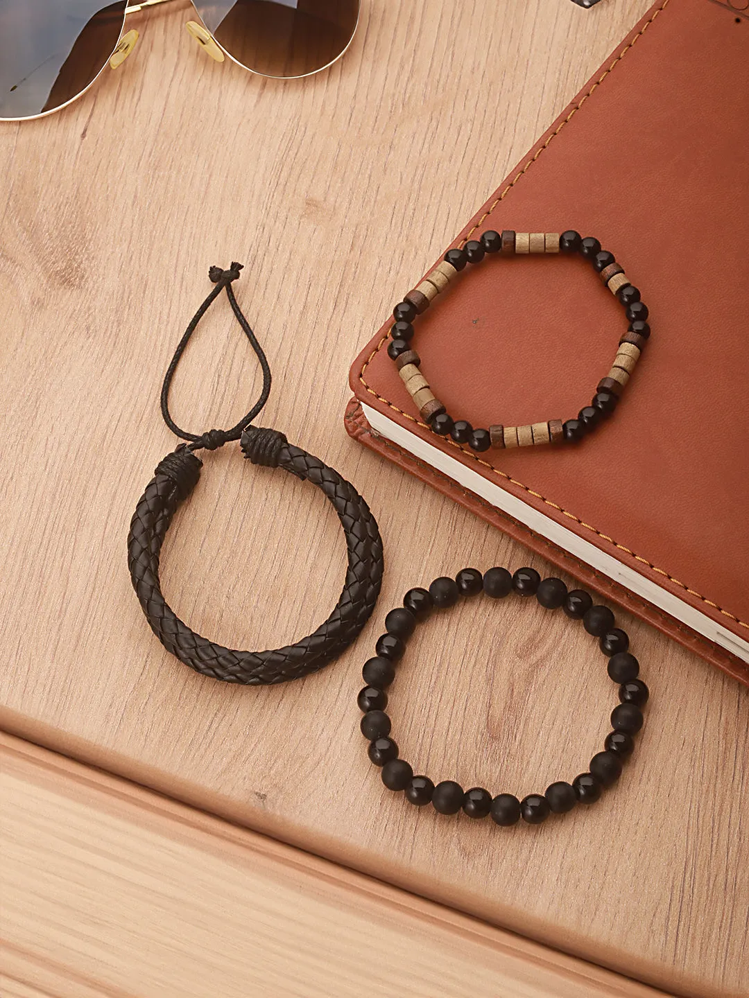 Jazz And Sizzle Men Set of 3 Brown Beaded Elasticated & Black Leather Wraparound Bracelet
