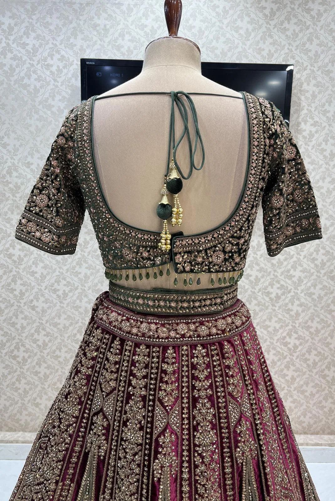 Magenta with Green Zari, Sequins, Stone and Thread work Crop Top Designer Bridal Lehenga