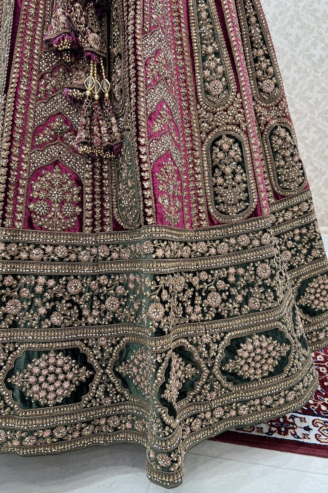 Magenta with Green Zari, Sequins, Stone and Thread work Crop Top Designer Bridal Lehenga
