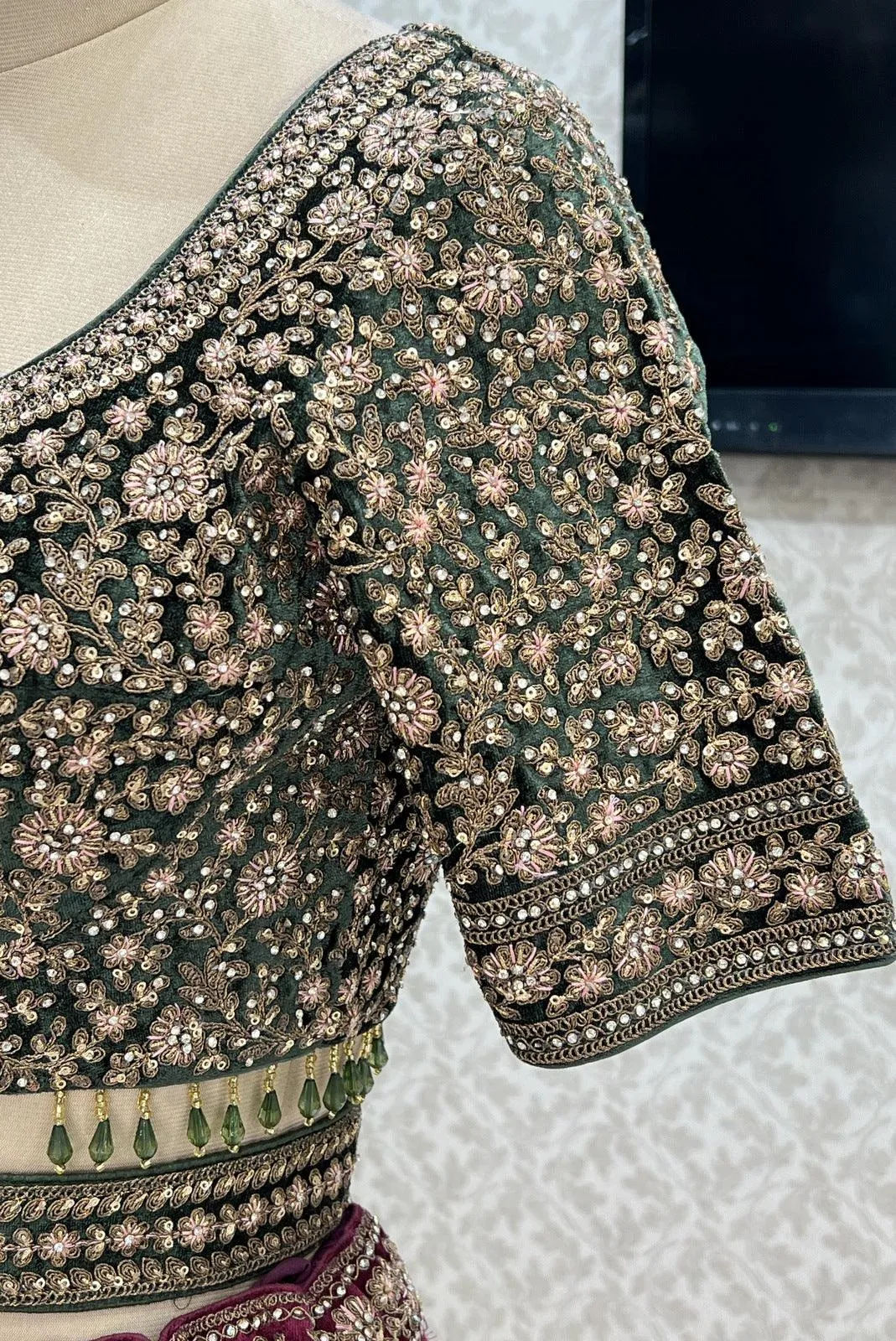 Magenta with Green Zari, Sequins, Stone and Thread work Crop Top Designer Bridal Lehenga