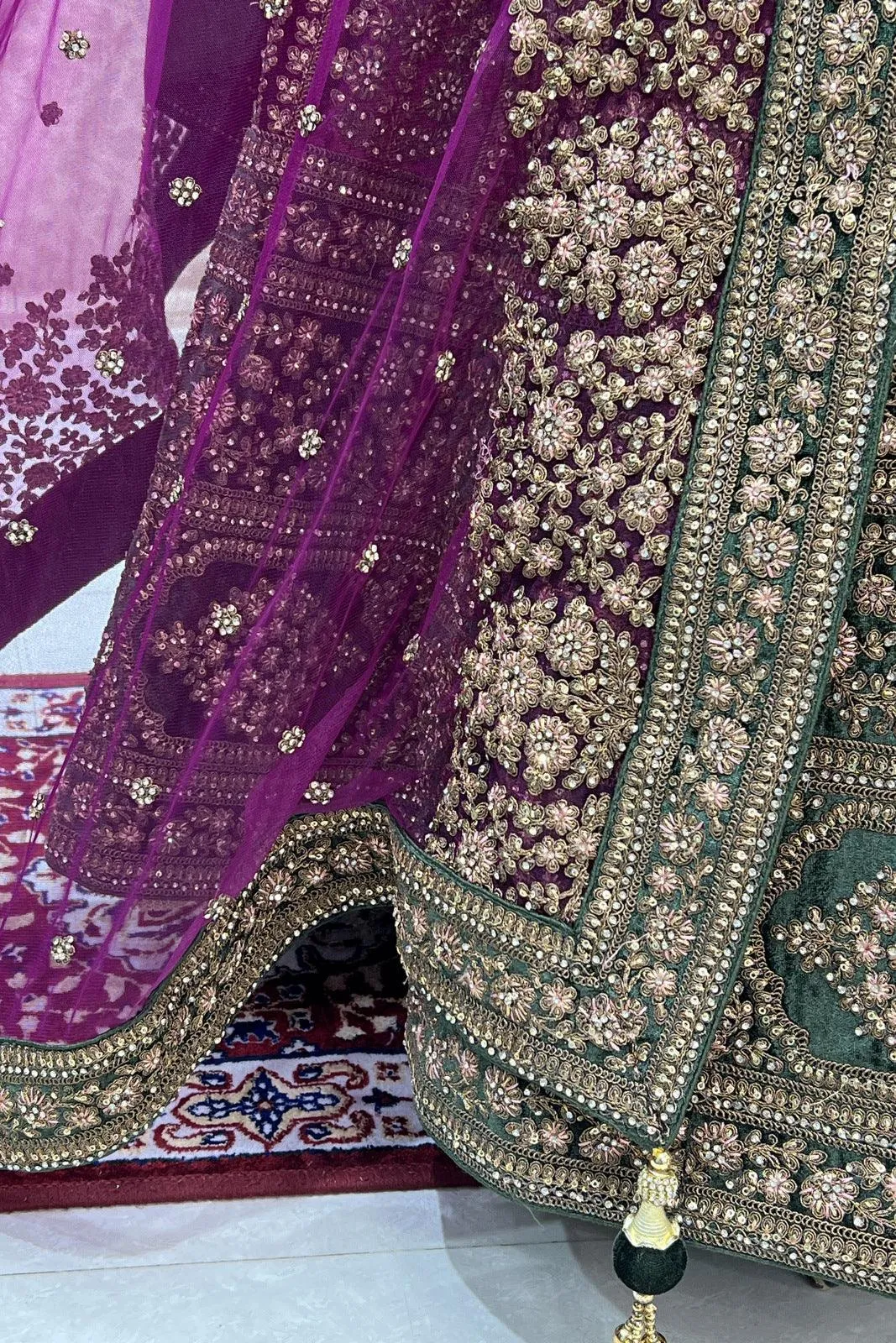 Magenta with Green Zari, Sequins, Stone and Thread work Crop Top Designer Bridal Lehenga