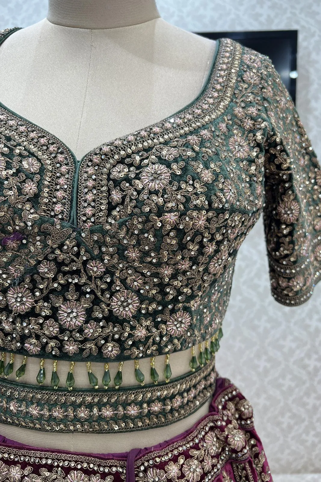 Magenta with Green Zari, Sequins, Stone and Thread work Crop Top Designer Bridal Lehenga