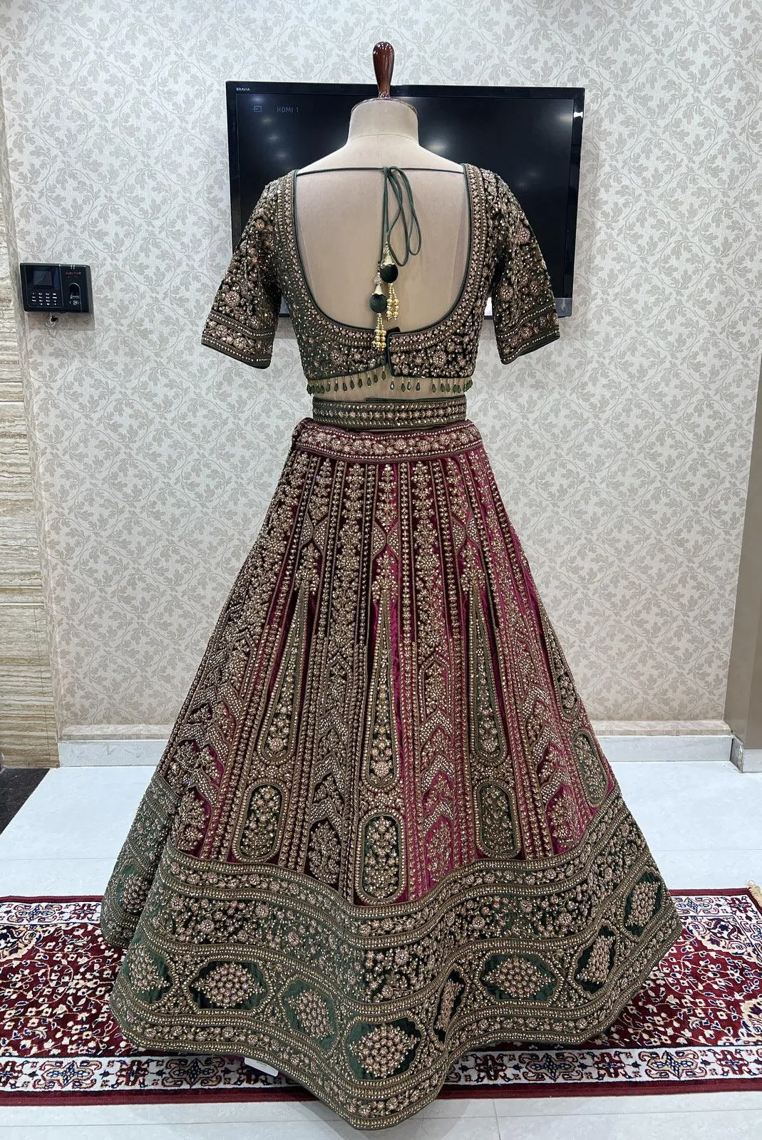 Magenta with Green Zari, Sequins, Stone and Thread work Crop Top Designer Bridal Lehenga