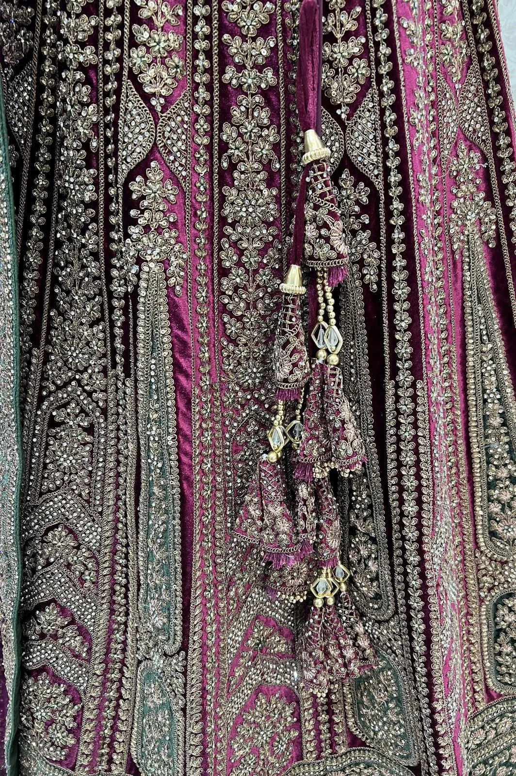 Magenta with Green Zari, Sequins, Stone and Thread work Crop Top Designer Bridal Lehenga