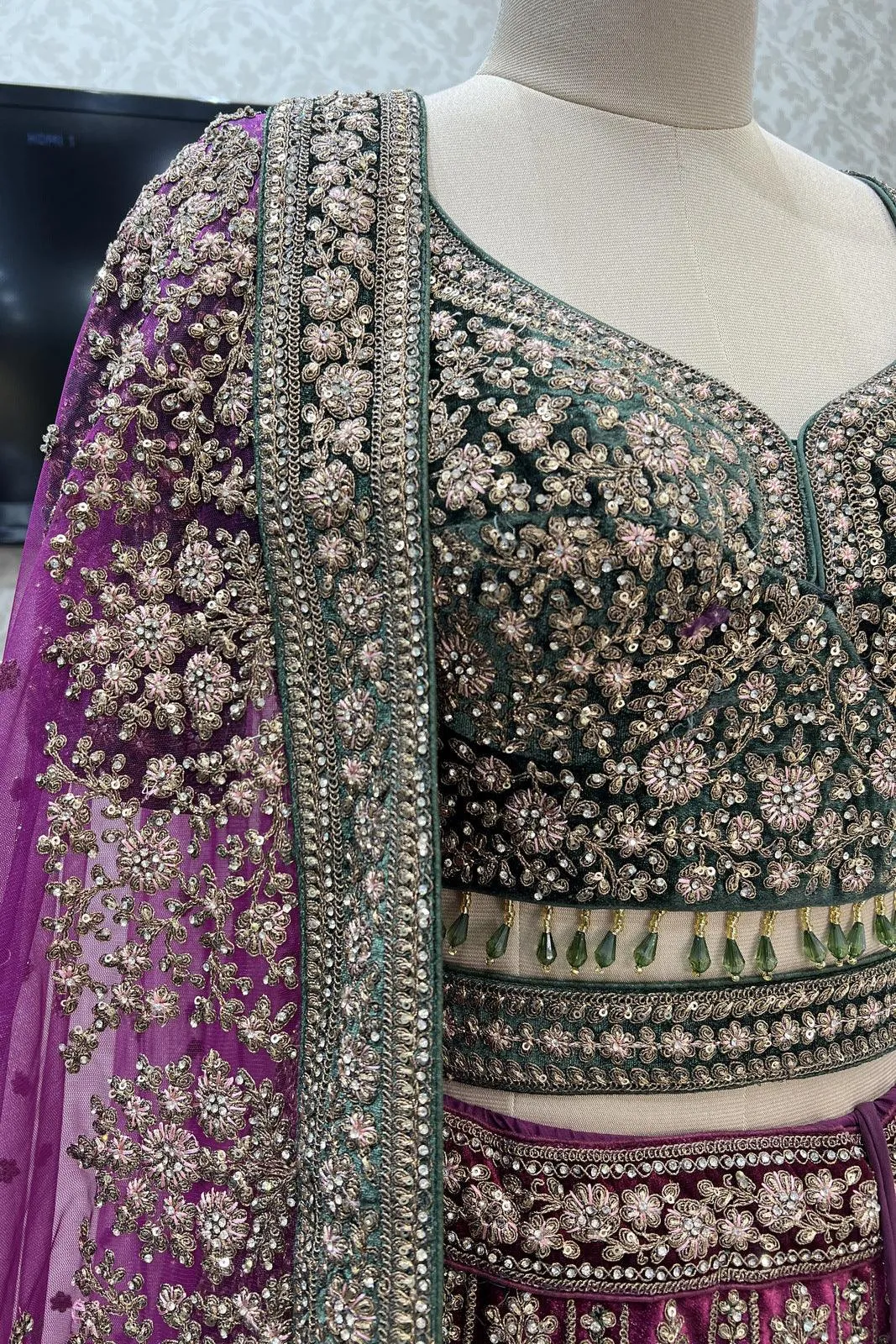 Magenta with Green Zari, Sequins, Stone and Thread work Crop Top Designer Bridal Lehenga