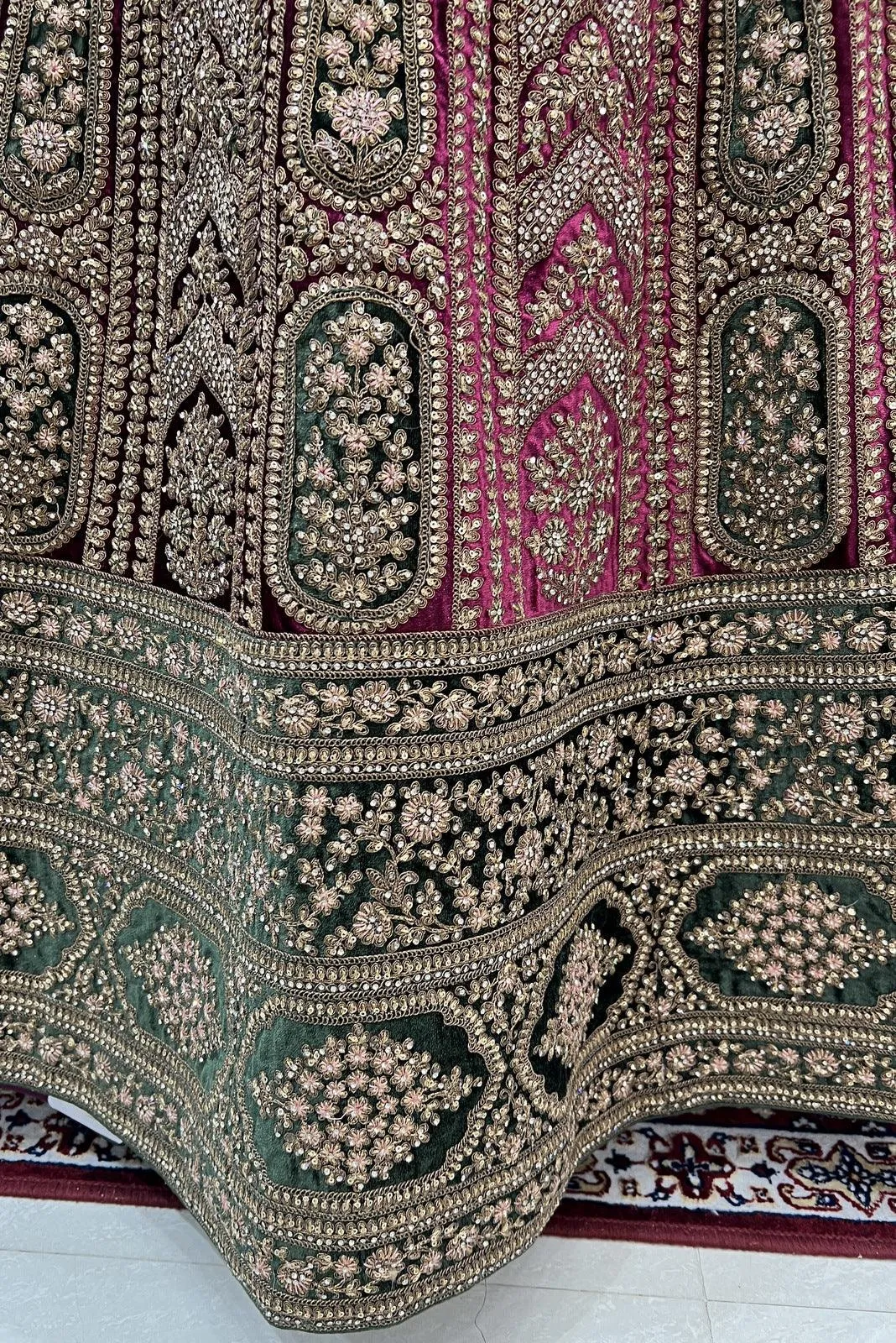 Magenta with Green Zari, Sequins, Stone and Thread work Crop Top Designer Bridal Lehenga