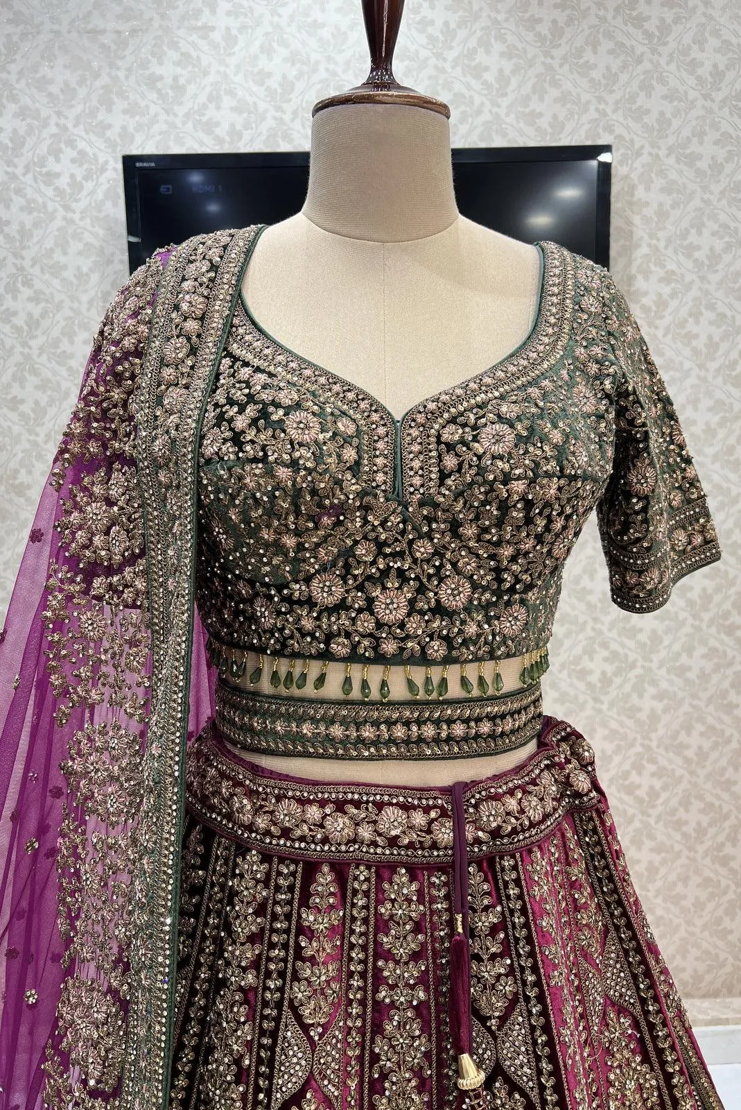 Magenta with Green Zari, Sequins, Stone and Thread work Crop Top Designer Bridal Lehenga