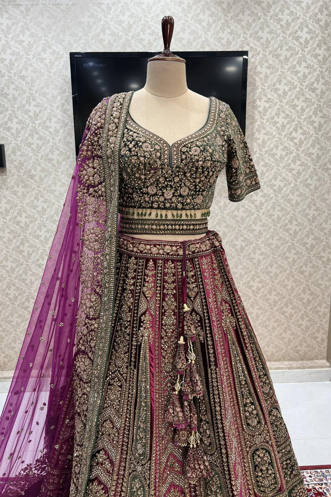 Magenta with Green Zari, Sequins, Stone and Thread work Crop Top Designer Bridal Lehenga