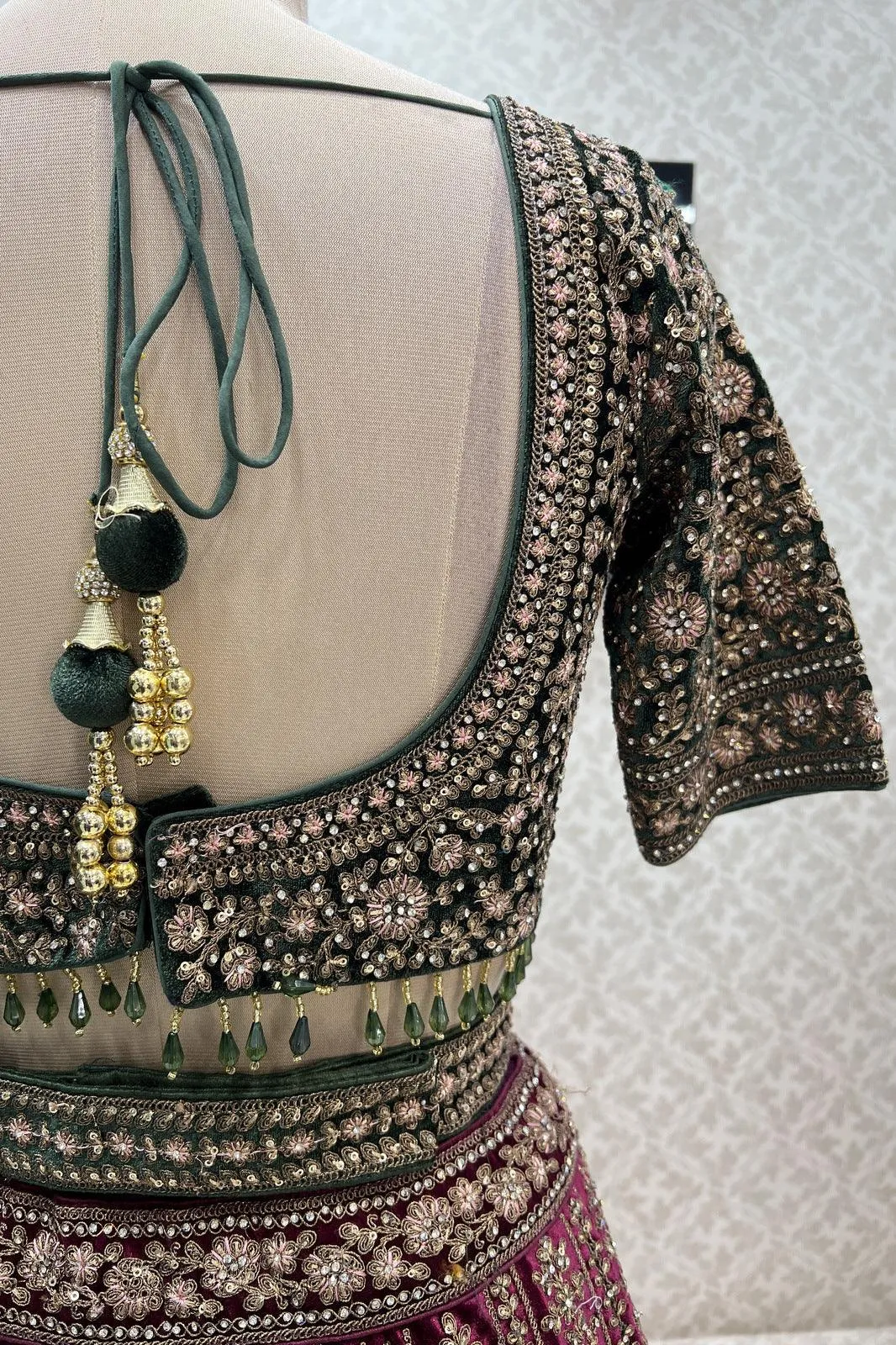 Magenta with Green Zari, Sequins, Stone and Thread work Crop Top Designer Bridal Lehenga