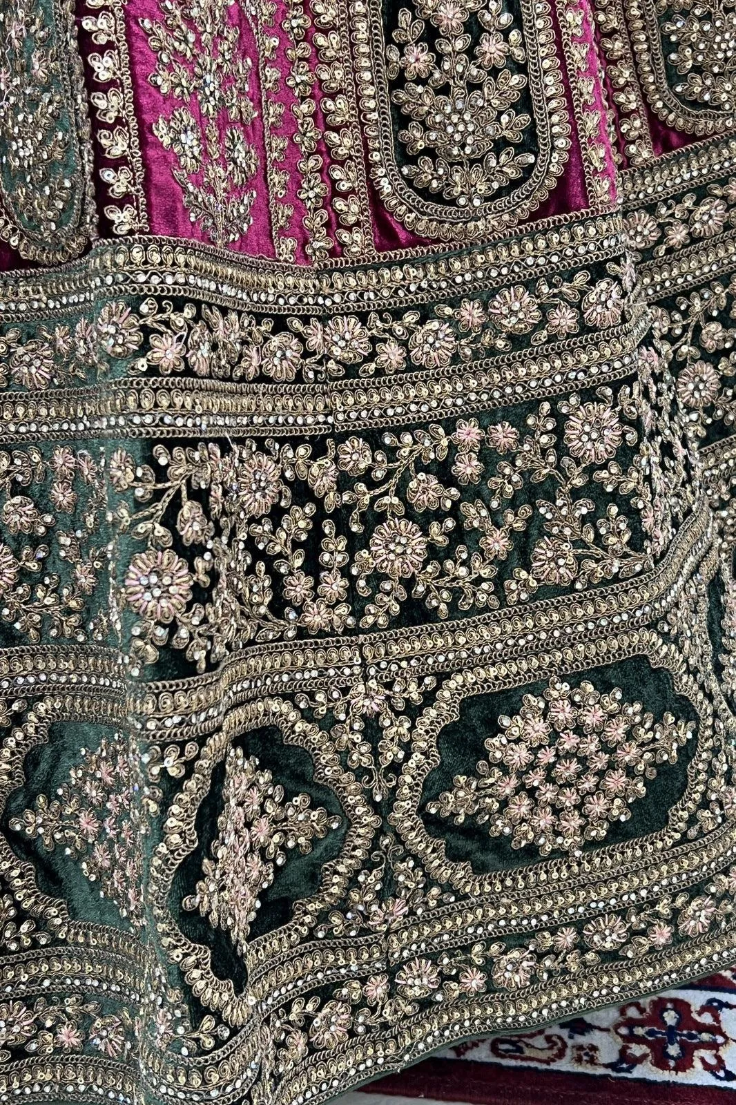 Magenta with Green Zari, Sequins, Stone and Thread work Crop Top Designer Bridal Lehenga