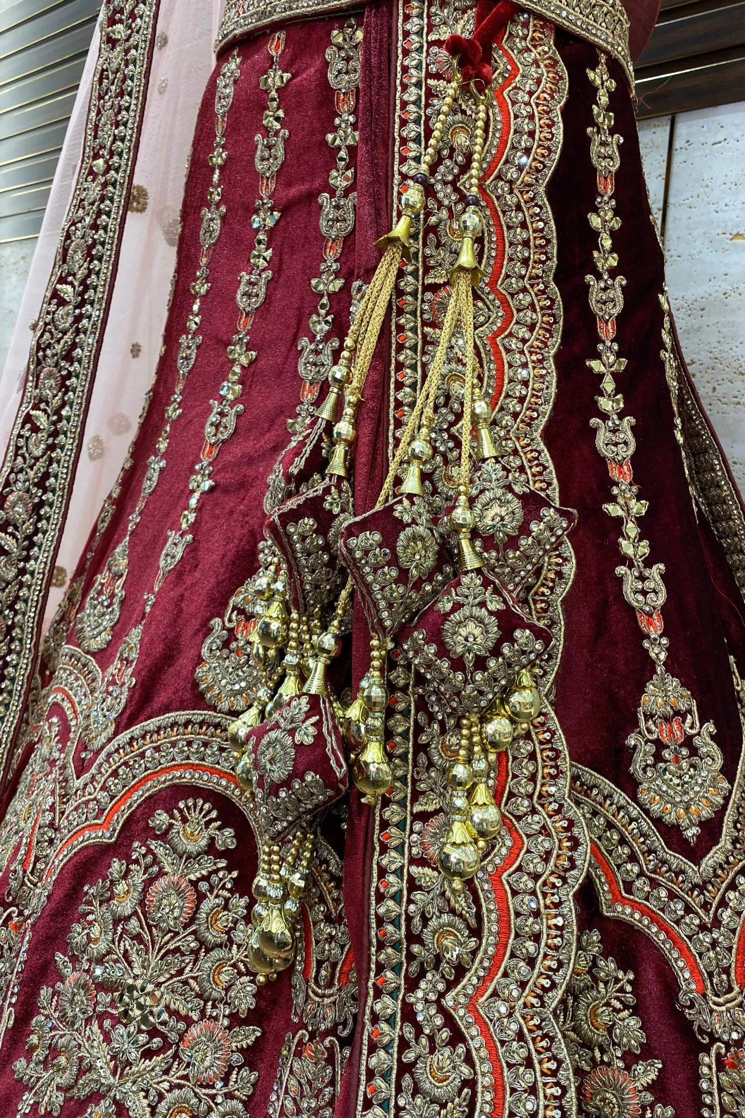 Maroon Golden Zari, Stone and Sequins work Semi-Stitched Designer Bridal Lehenga