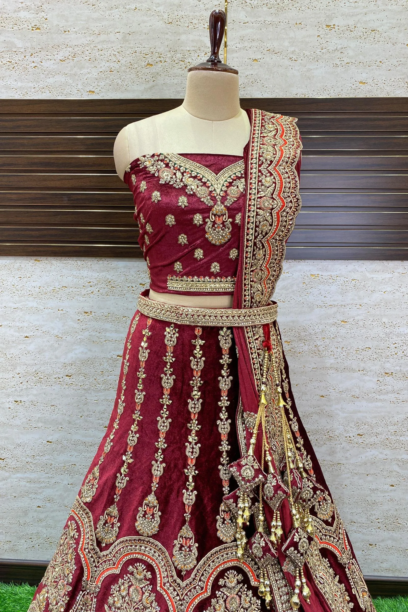 Maroon Golden Zari, Stone and Sequins work Semi-Stitched Designer Bridal Lehenga