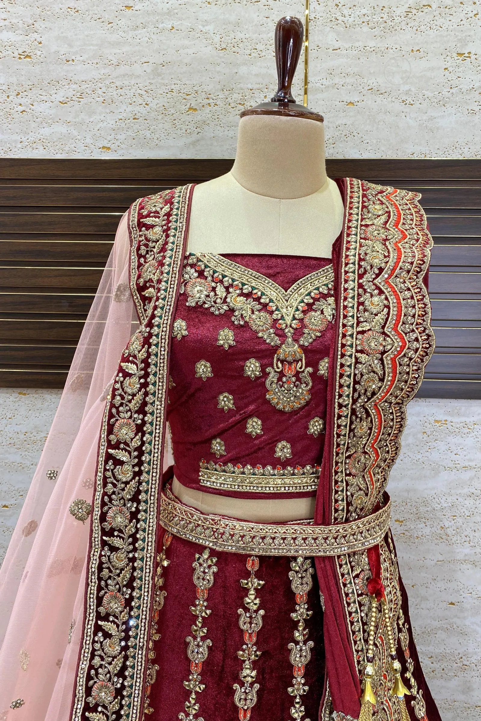 Maroon Golden Zari, Stone and Sequins work Semi-Stitched Designer Bridal Lehenga