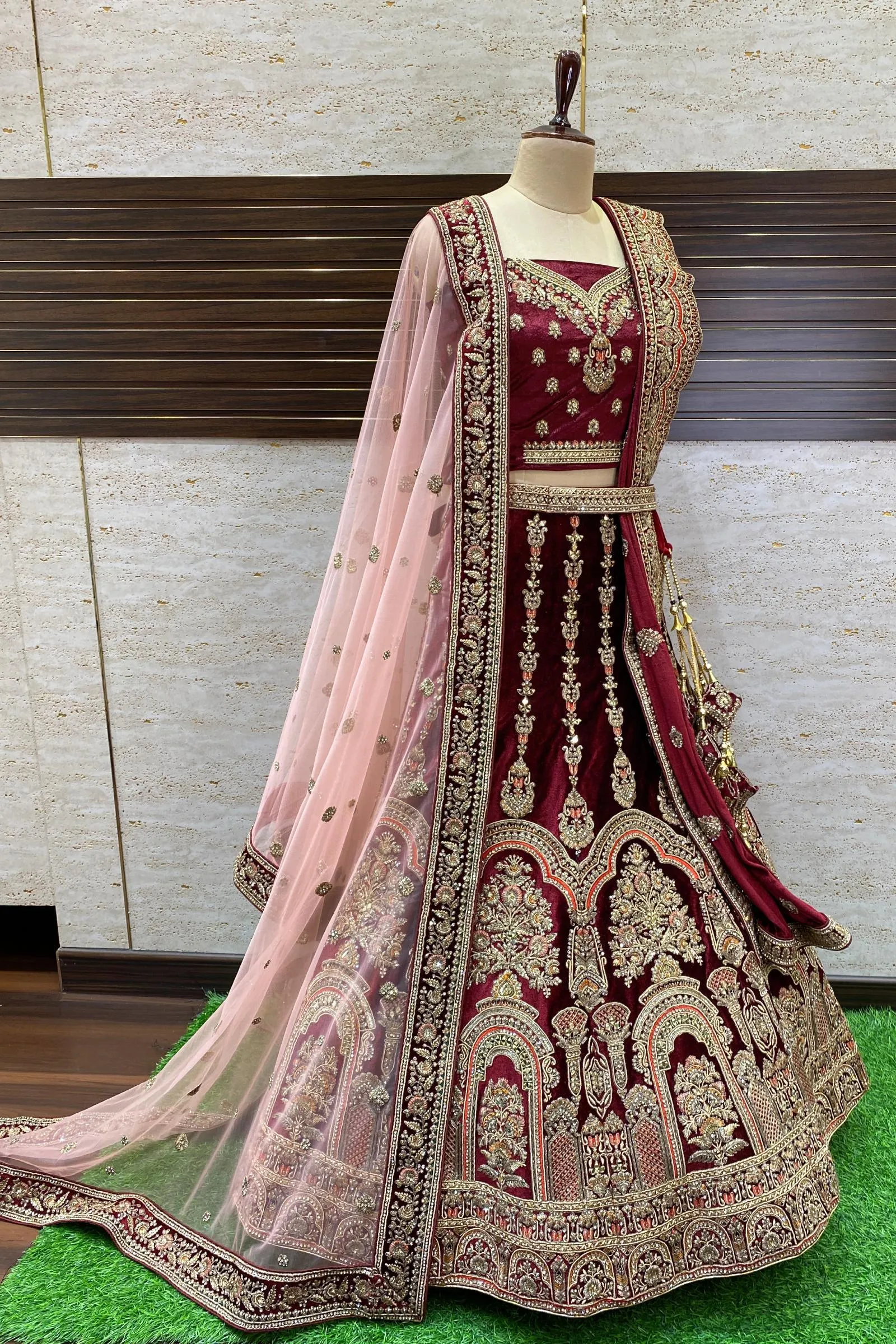 Maroon Golden Zari, Stone and Sequins work Semi-Stitched Designer Bridal Lehenga
