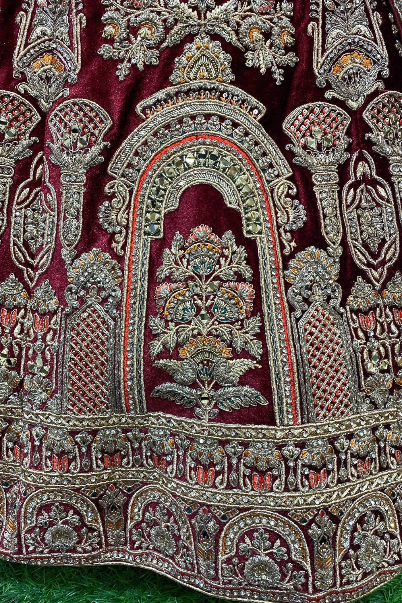 Maroon Golden Zari, Stone and Sequins work Semi-Stitched Designer Bridal Lehenga