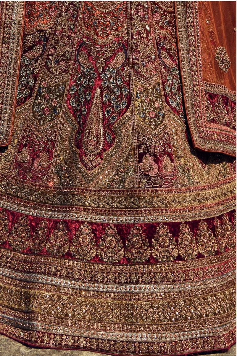 Maroon with Rust Sequins and Embroidery work Semi Stitched Designer Bridal Lehenga