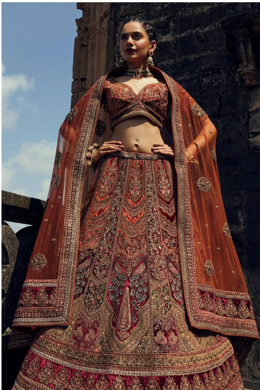 Maroon with Rust Sequins and Embroidery work Semi Stitched Designer Bridal Lehenga