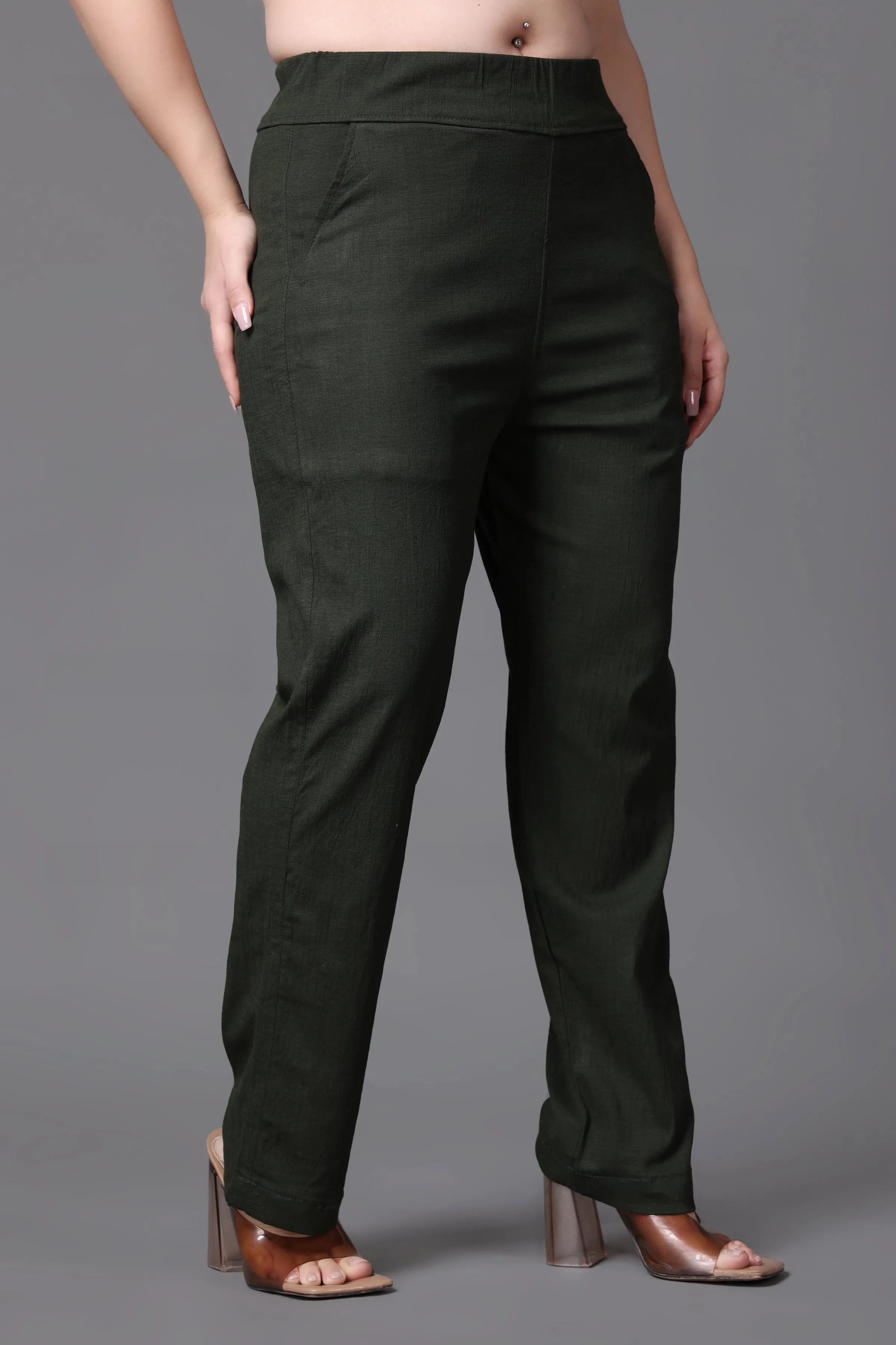 Mehandi Lycra Slub Pants