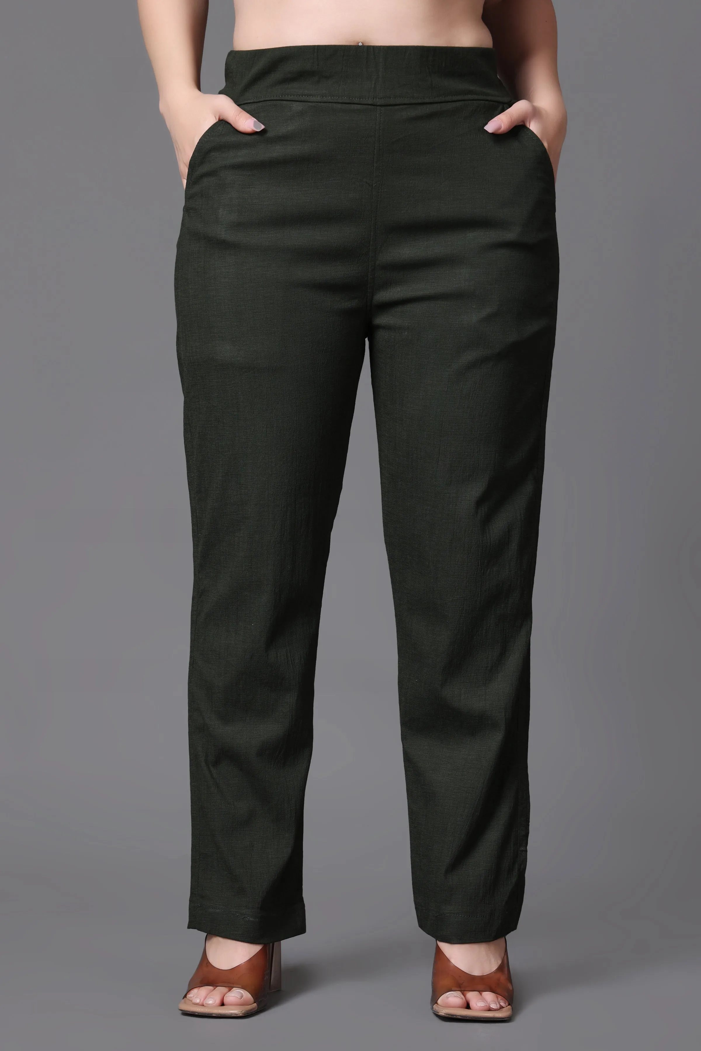 Mehandi Lycra Slub Pants