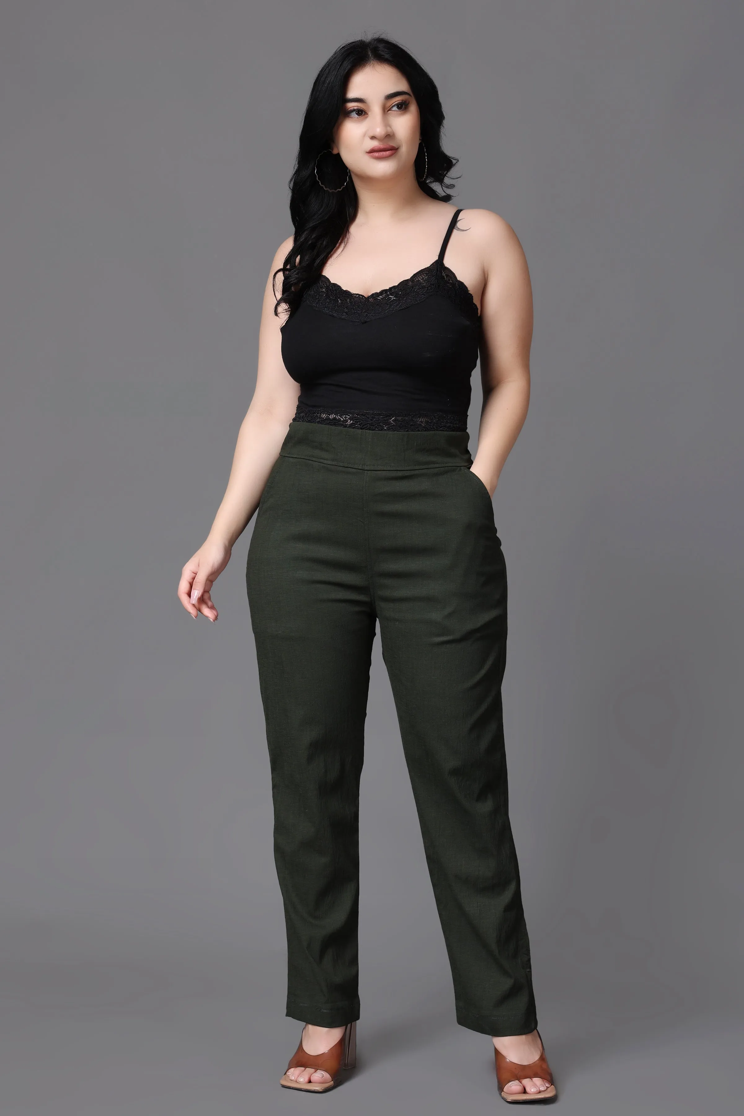 Mehandi Lycra Slub Pants