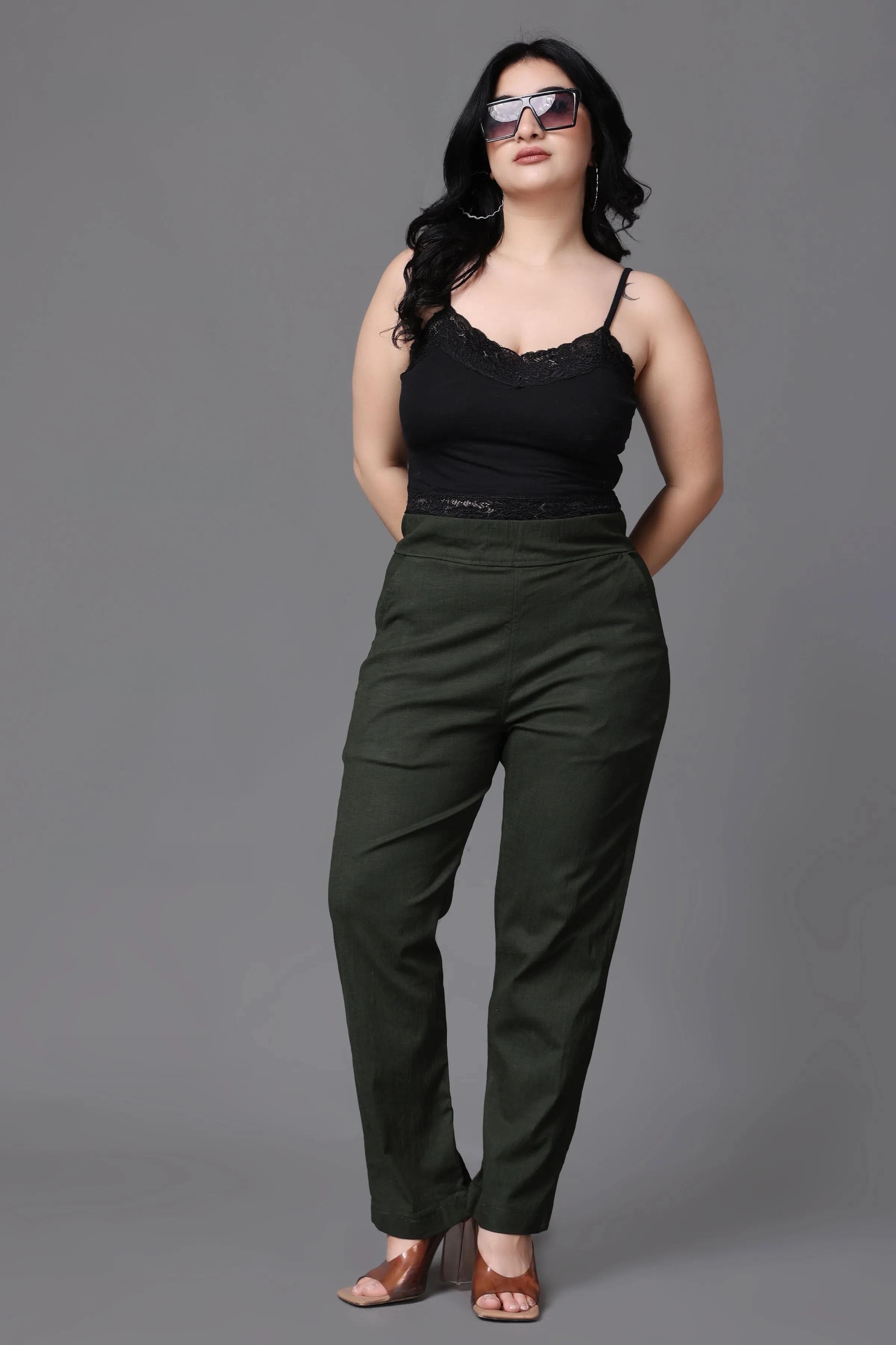 Mehandi Lycra Slub Pants