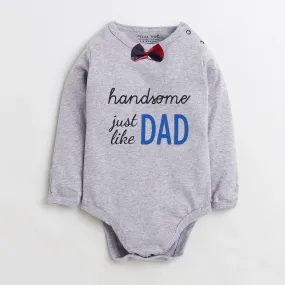 Polka Tots Full Sleeve Cotton Mittens Romper Just like DAD With Red Cheks bow tie - Grey