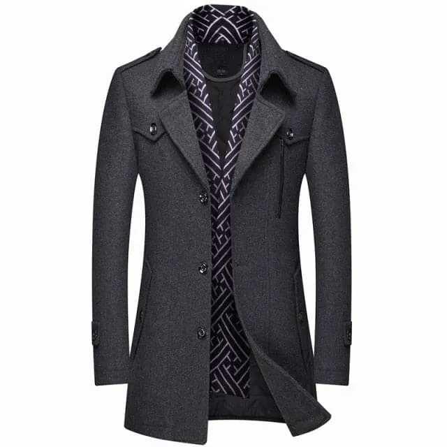 RUEL Design Men's Fashion Premium Quality Black Stylish Long Wool Blend Trench Coat Jacket