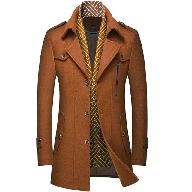 RUEL Design Men's Fashion Premium Quality Black Stylish Long Wool Blend Trench Coat Jacket