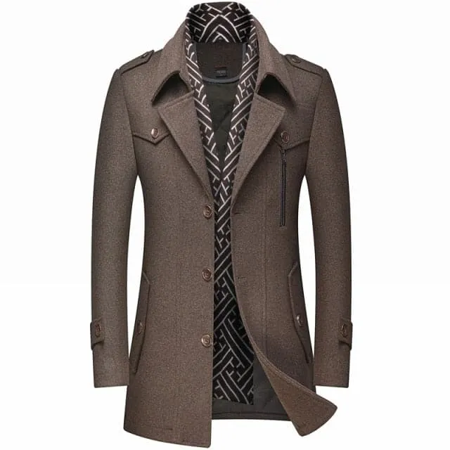 RUEL Design Men's Fashion Premium Quality Black Stylish Long Wool Blend Trench Coat Jacket