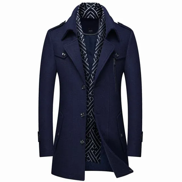 RUEL Design Men's Fashion Premium Quality Black Stylish Long Wool Blend Trench Coat Jacket