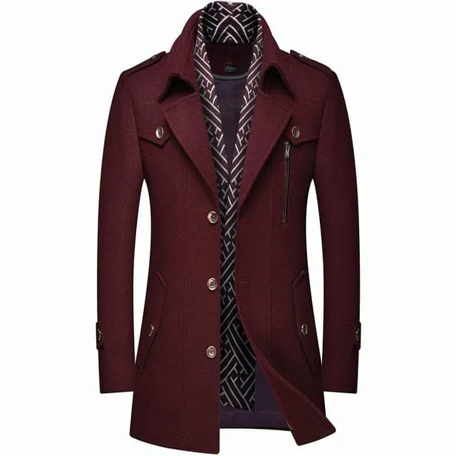 RUEL Design Men's Fashion Premium Quality Black Stylish Long Wool Blend Trench Coat Jacket