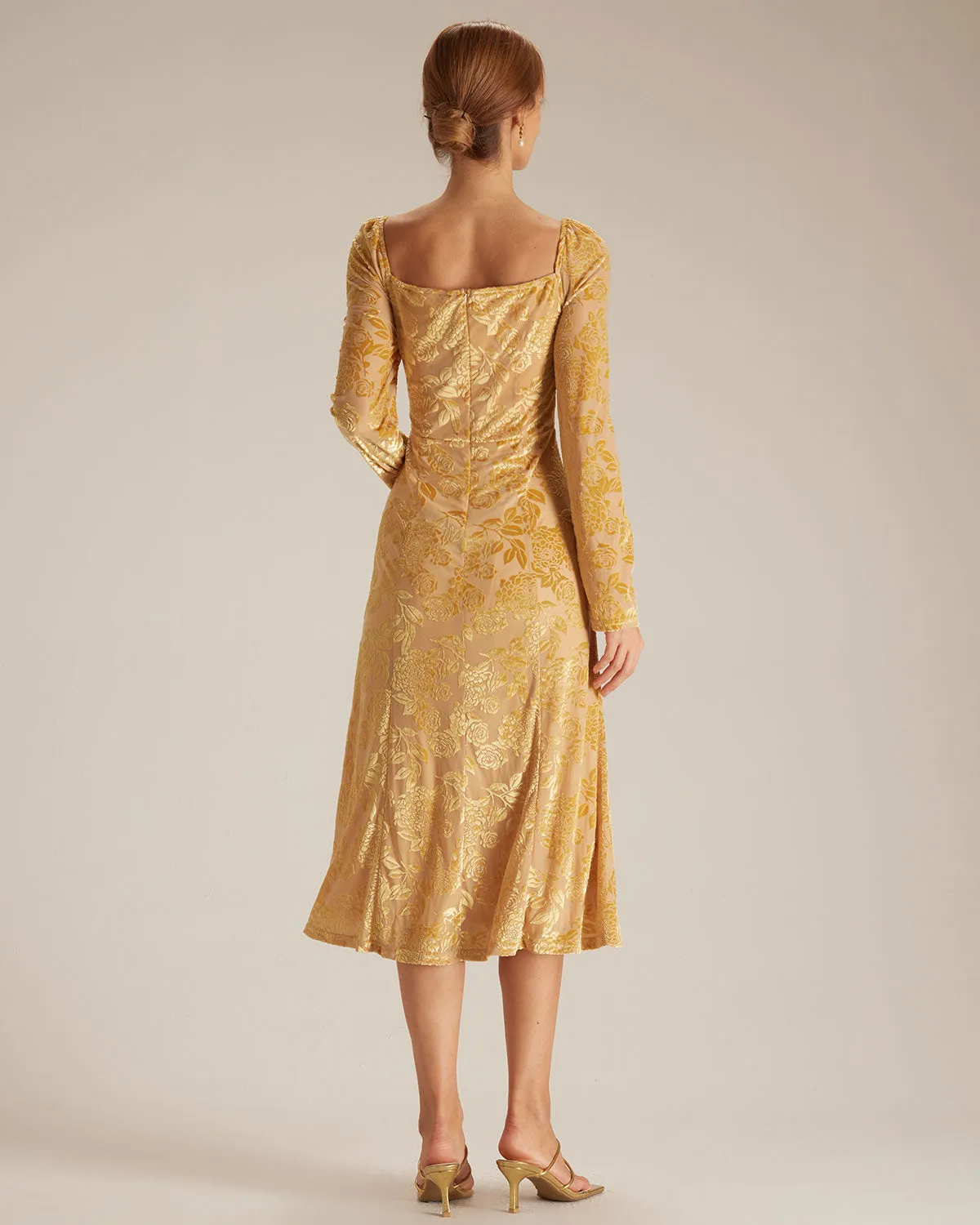 The Yellow Lace Trim Floral Burnout Midi Dress