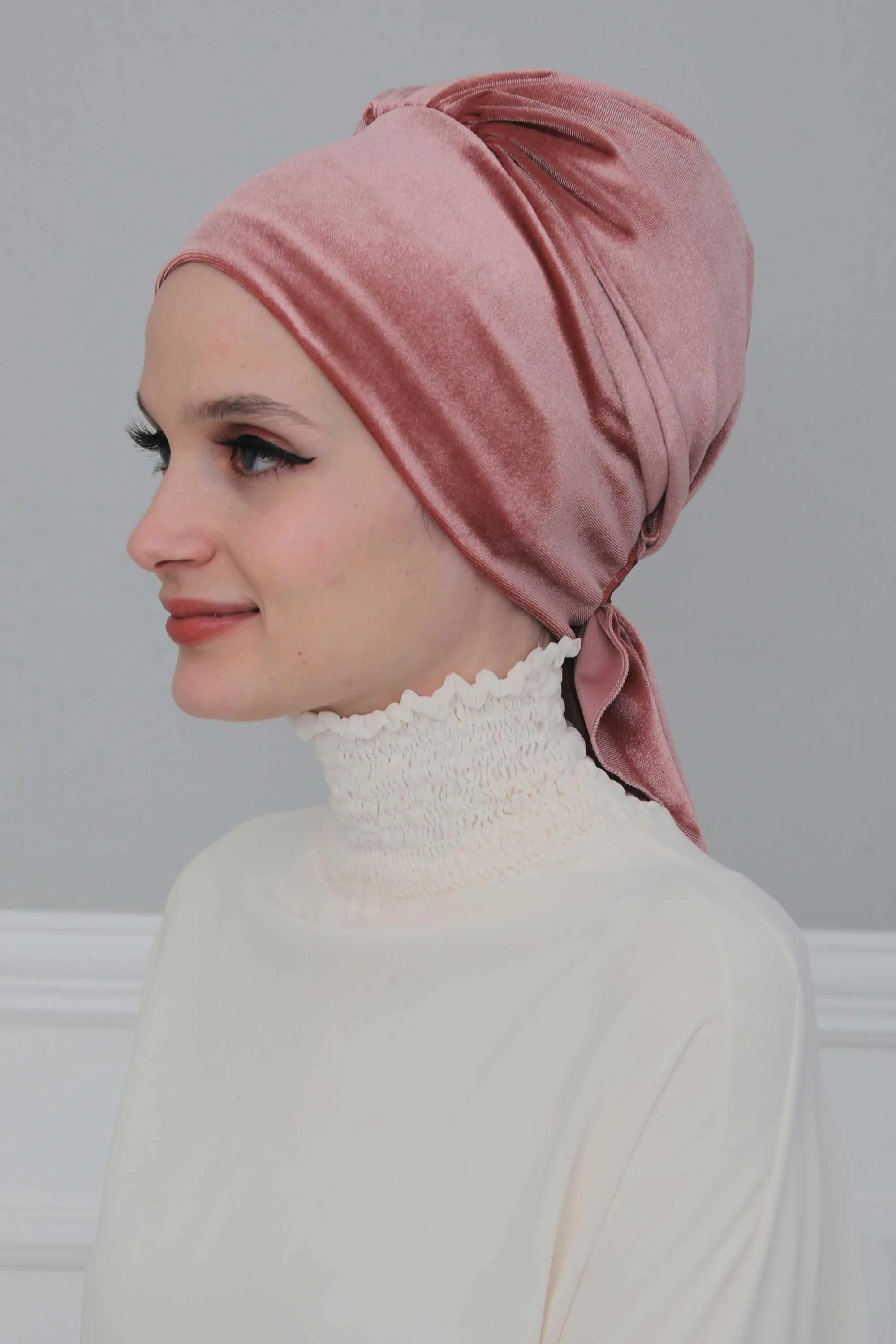 Velvet Easy Wrap Instant Turban for Women, Pre-Tied Turban with Long Tail at the Back Side, Super Soft High Quality Chemo Headwear,B-49K