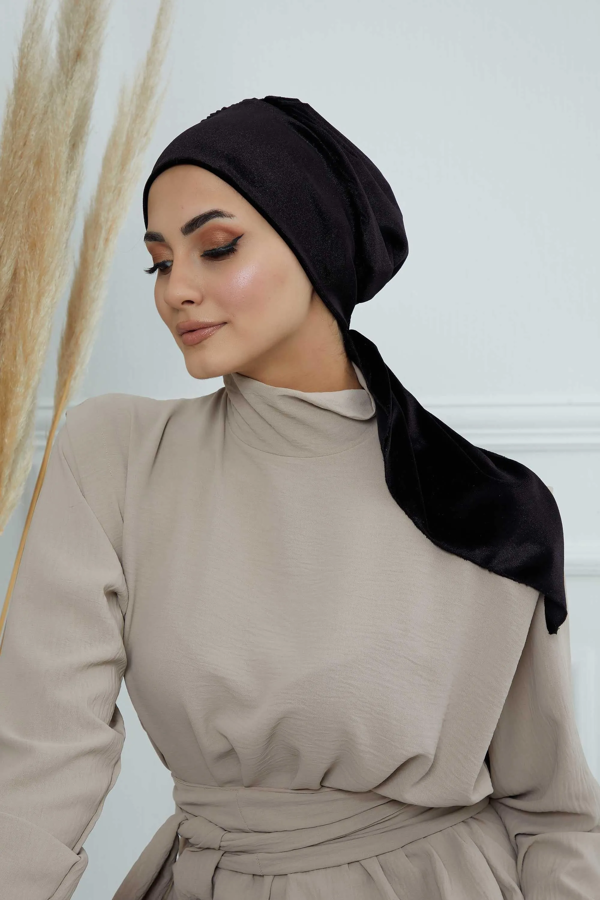 Velvet Easy Wrap Instant Turban for Women, Pre-Tied Turban with Long Tail at the Back Side, Super Soft High Quality Chemo Headwear,B-49K
